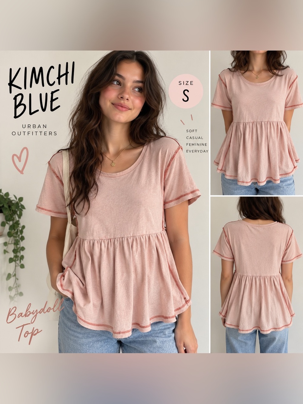 Kimchi Blue Urban Outfitters Babydoll Top Pink Short Sleeve Raw Seam Size S